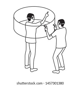 virtual reality technology, young men friends living a modern digital experience with headset glassesand joysticks cartoon vector illustration graphic design