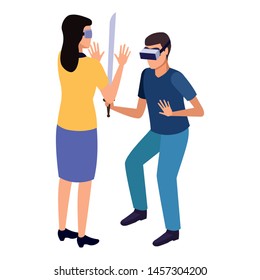 virtual reality technology, young men friends living a modern digital experience with headset glassesand joysticks with sword cartoon vector illustration graphic design