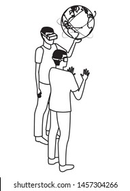 virtual reality technology, young men friends living a modern digital experience with headset glassestouching world map and screen cartoon vector illustration graphic design