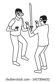 virtual reality technology, young men friends living a modern digital experience with headset glassesand joysticks with sword cartoon vector illustration graphic design