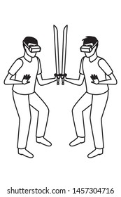 virtual reality technology, young men friends living a modern digital experience with headset glassesand sword touching screen cartoon vector illustration graphic design