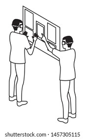 virtual reality technology, young men friends living a modern digital experience with headset glassestouching screen cartoon vector illustration graphic design