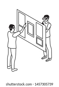virtual reality technology, young men friends living a modern digital experience with headset glassestouching screen cartoon vector illustration graphic design