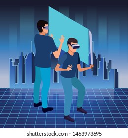 virtual reality technology, young men friends living a modern digital experience with headset glassesand sword touching screen cartoon ,vector illustration.