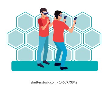 virtual reality technology, young men friends living a modern digital experience with headset glassesand joysticks cartoon on blue hologram background ,vector illustration.