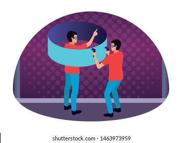 virtual reality technology, young men friends living a modern digital experience with headset glassesand joysticks cartoon on purple digital background ,vector illustration.