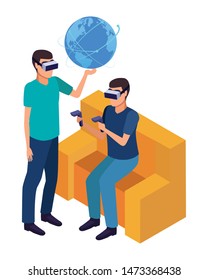 virtual reality technology, young men friends living a modern digital experience with headset glassesand joysticks cartoon vector illustration graphic design
