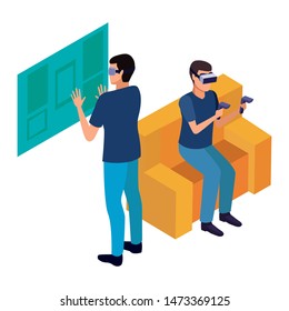 virtual reality technology, young men friends living a modern digital experience with headset glassesand joysticks cartoon vector illustration graphic design