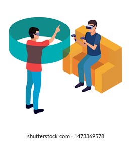 virtual reality technology, young men friends living a modern digital experience with headset glassesand joysticks cartoon vector illustration graphic design