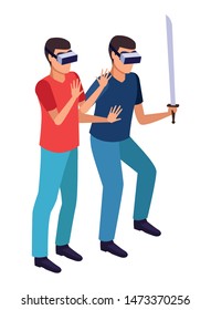 virtual reality technology, young men friends living a modern digital experience with headset glassesand sword cartoon vector illustration graphic design