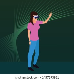 virtual reality technology, young woman living a modern digital experience with headset glassescartoon on green digital background ,vector illustration.