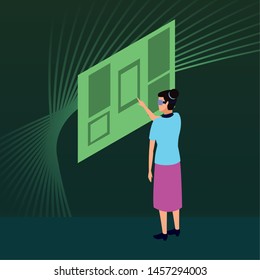 virtual reality technology, young woman living a modern digital experience with headset glassestouching screen cartoon on green digital background ,vector illustration.