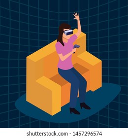 virtual reality technology, young woman living a modern digital experience with headset glassesand joystick cartoon on blue digital background ,vector illustration.