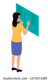 virtual reality technology, young woman living a modern digital experience with headset glassestouching screen cartoon vector illustration graphic design