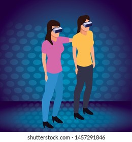 virtual reality technology, young women living a modern digital experience with headset glassescartoon on blue digital background ,vector illustration.