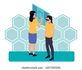 virtual reality technology, young women living a modern digital experience with headset glassestouching screen cartoon on blue hologram background ,vector illustration.