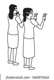 virtual reality technology, young women living a modern digital experience with headset glassesand joysticks cartoon vector illustration graphic design