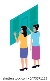 virtual reality technology, young women living a modern digital experience with headset glassestouching screen cartoon vector illustration graphic design