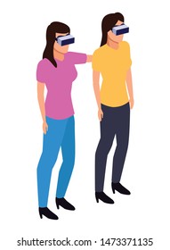 virtual reality technology, young women living a modern digital experience with headset glassescartoon vector illustration graphic design