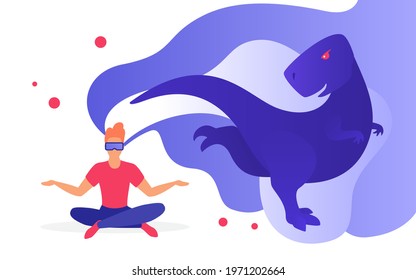 Virtual reality template illustration. Futuristic technology website homepage UI layout with man and virtual dinosaur. High tech device for work and entertainment web banner cartoon concept