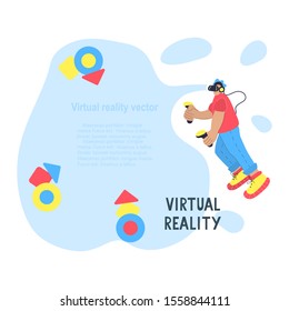 A virtual reality template for your design with a man using virtual reality glasses. Place for text. Great for design of posters, flyers, cards, social media. Isolated on white.