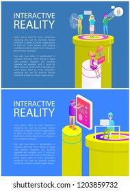 Virtual reality text sample on posters set with people on new digital era. Man and woman with screens, downloading files, talking and playing vector
