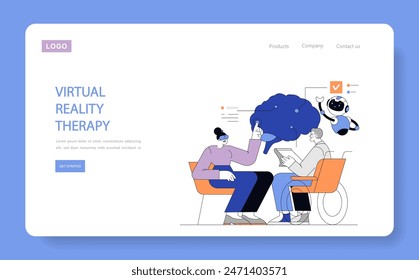 Virtual reality therapy concept. Innovative mental health treatment, with patients engaging in VR sessions. Digital psychiatry evolution. Vector illustration.