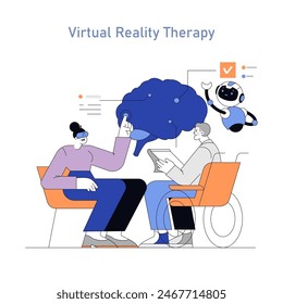 Virtual Reality Therapy concept. A patient engages in VR treatment with a therapist's guidance, exploring mental health in a modern way. Vector illustration.