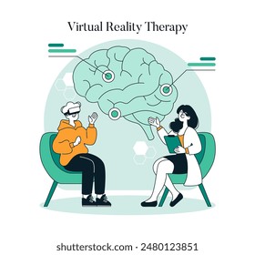 Virtual Reality Therapy concept. Patient engages in VR treatment with the guidance of a therapist, exploring mental health. Vector illustration.