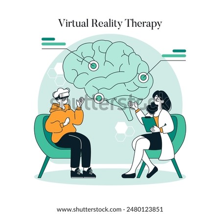 Virtual Reality Therapy concept. Patient engages in VR treatment with the guidance of a therapist, exploring mental health. Vector illustration.