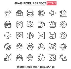 Virtual reality thin line icon set. 3d simulation and computer vision outline pictograms for web and mobile app GUI. VR technology simple UI, UX vector icons. 48x48 pixel perfect pictogram pack.