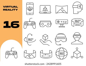 Realidad virtual - conjunto de iconos de vector de línea delgada. Píxel perfecto. Trazo editable. El conjunto contiene iconos: Realidad Virtual, Realidad Aumentada, Gafas Inteligentes, Interactividad, Metaverso, Vista de 360 Grados.