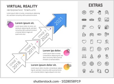 Virtual reality timeline infographic template, elements and icons. Infograph includes stages with years, line icon set with virtual reality glasses, vr technology, cloud computing, global network etc.