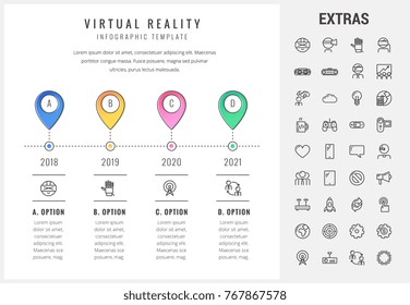Virtual reality timeline infographic template, elements and icons. Infograph includes options with years, line icon set with virtual reality glasses, vr technology, video game, cloud computing etc.