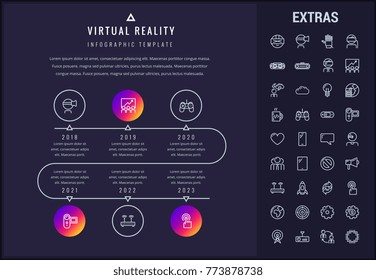 Virtual reality timeline infographic template, elements and icons. Infograph includes years, line icon set with virtual reality glasses, vr technology, video game, cloud computing, global network etc.