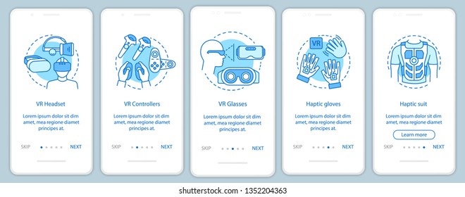 Virtual reality tools onboarding mobile app page screen with linear concept. VR mask set, controller, datagloves, suit walkthrough steps graphic instructions. UX, UI, GUI vector template with icons