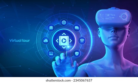 Virtual reality tour. Virtual tour, 3d reality tours, virtual reality walk concept. 360 degrees video. Girl wearing VR headset glasses touching digital interface. Vector illustration.