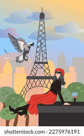 Virtual reality tourism flat vector illustration. woman in red beret with VR glasses and pigeon with VR glasses against the backdrop of the Eiffel tower in cyberspace, meeting in Paris