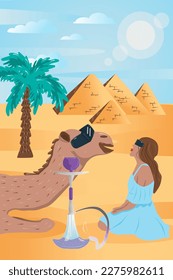 Virtual reality tourism flat vector illustration. Happy girl in blue dress with in VR glasses and happy camel with VR glasses in cyberspace, meeting in Egypt. Futuristic sightseeing