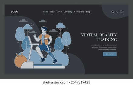 Virtual Reality Training concept. An athletic figure engages in treadmill exercise enhanced with VR technology in a serene park setting. Innovative fitness motivation. Vector illustration.