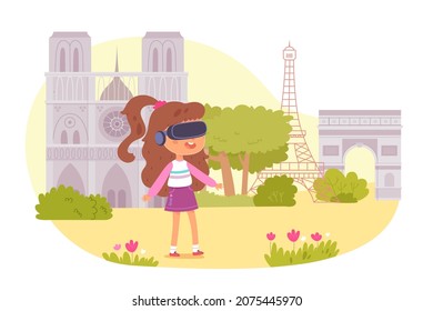 Virtual reality travel of kids vector illustration. Cartoon girl character in vr glasses traveling in Europe online, simulation of famous city monuments, digital journey experience isolated on white