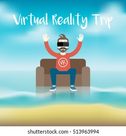 Virtual Reality Trip VR Positive Nature Experience. Virtual Reality Headset on Man Head Vector Illustration

