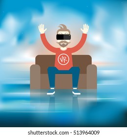Virtual Reality Trip VR Positive Nature Experience. Virtual Reality Headset on Man Head Vector Illustration
