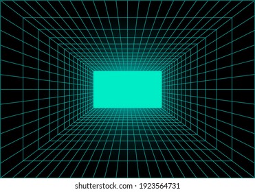 Virtual reality tunnel or wormhole. Perspective grid of empty tunnel with light in the end. Matrix data visualization. Vector