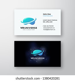Virtual Reality Universe Abstract Vector Sign or Logo and Business Card Template. Premium Stationary Realistic Mock Up. Electronic Glasses Silhouette on Realistic Space Background. Isolated.