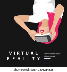 Virtual reality. Upside down woman in VR glasses. Vector illustration