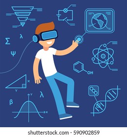 Virtual reality use in learning, future of education. Boy with VR headset surrounded by information, science equations and data. Flat cartoon vector illustration.