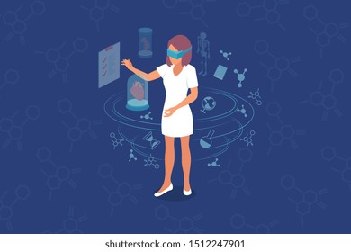 Virtual reality use in visual education design concept with girl in VR glasses surrounded by science signs isometric vector illustration