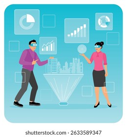 Virtual reality used by business professionals for data visualization and analysis to Create Building or Future House. Augmented reality concept.