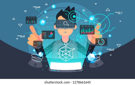 Virtual reality user. VR tech illustration. Futuristic user interface.
